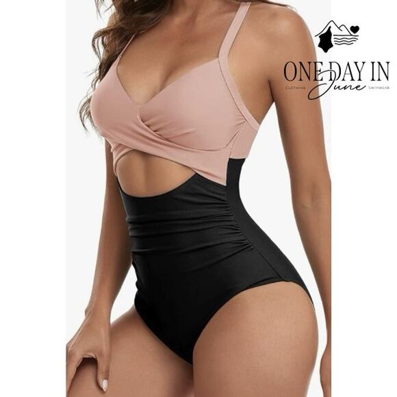 Eomenie Cross Front Cut Out One Piece Swimsuit Size L - Picture 1 of 7